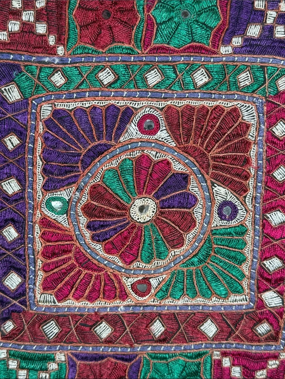 Vintage Tapestry Embroidered Mirrors Jewel Tones Crewel Square Wall Hanging